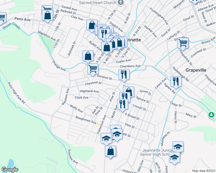 map of restaurants, bars, coffee shops, grocery stores, and more near 202 Chestnut Street in Jeannette