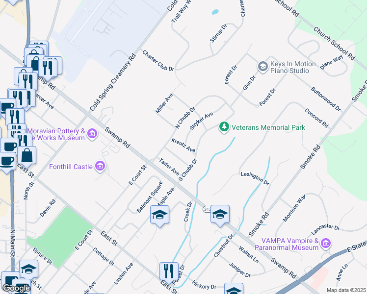 map of restaurants, bars, coffee shops, grocery stores, and more near 122 Kreutz Avenue in Doylestown