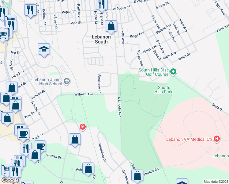 map of restaurants, bars, coffee shops, grocery stores, and more near 3 Wilhelm Avenue in Lebanon
