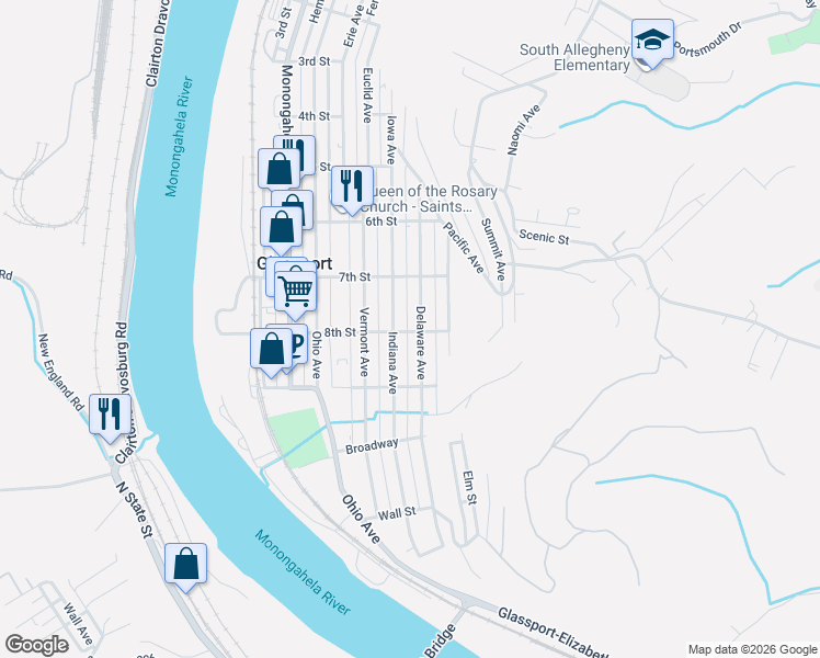 map of restaurants, bars, coffee shops, grocery stores, and more near 737 Delaware Avenue in Glassport