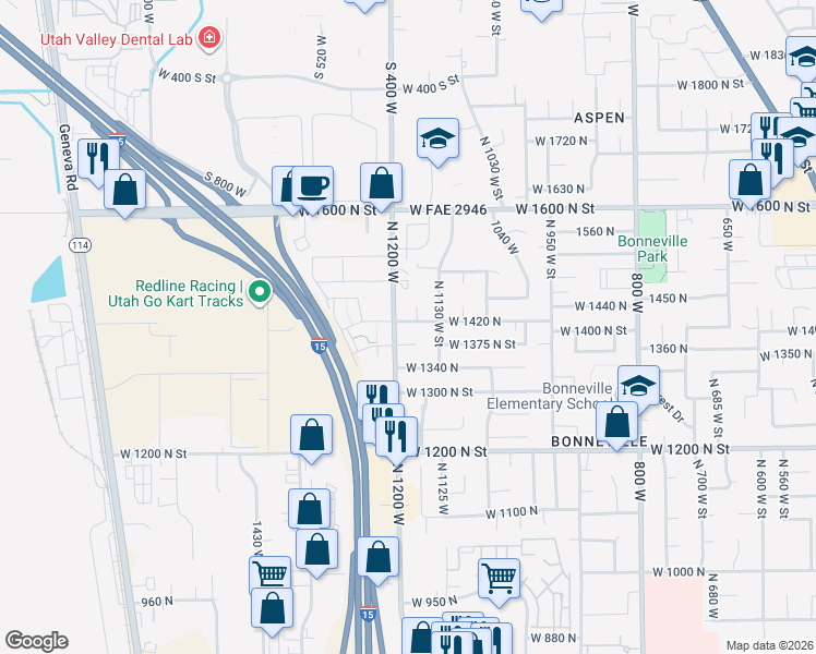 map of restaurants, bars, coffee shops, grocery stores, and more near 1175 West 1420 North in Orem