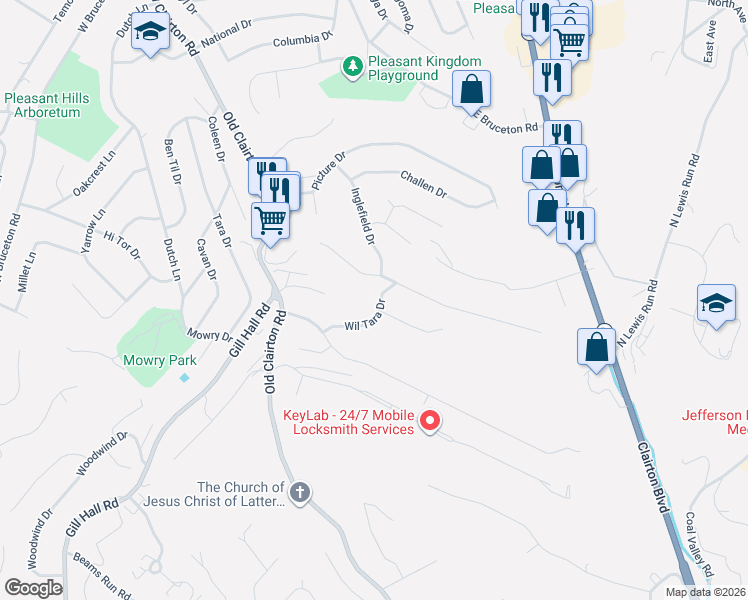 map of restaurants, bars, coffee shops, grocery stores, and more near 714 Wil Tara Drive in Pittsburgh