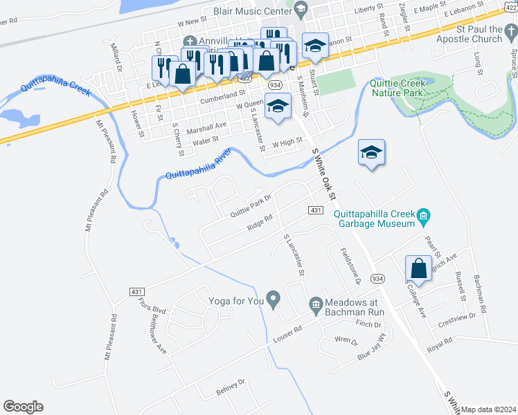 map of restaurants, bars, coffee shops, grocery stores, and more near 304 Quittie Park Drive in Annville