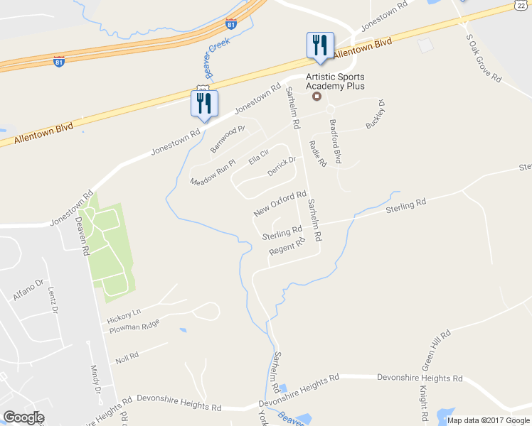 map of restaurants, bars, coffee shops, grocery stores, and more near 6962 New Oxford Road in Harrisburg