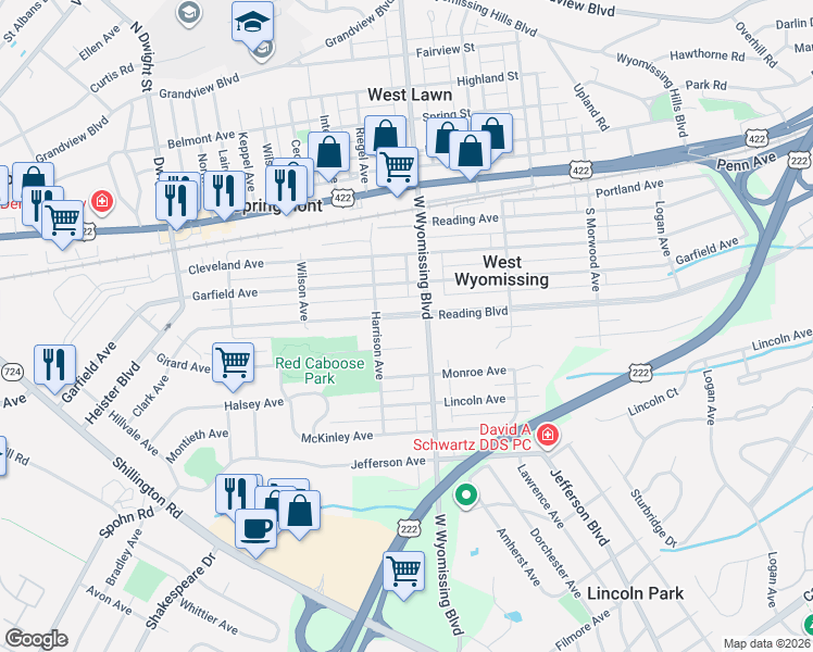 map of restaurants, bars, coffee shops, grocery stores, and more near 2310 Reading Blvd in West Lawn