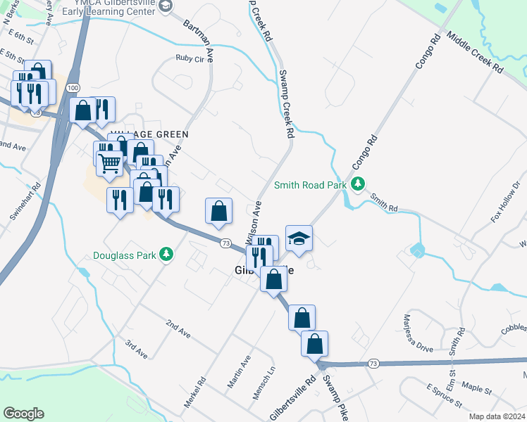 map of restaurants, bars, coffee shops, grocery stores, and more near 52 Wilson Avenue in Gilbertsville