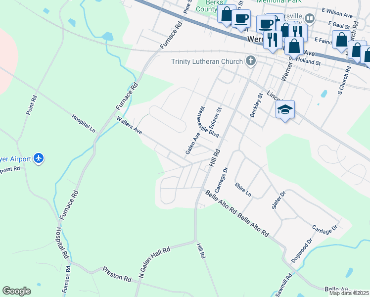 map of restaurants, bars, coffee shops, grocery stores, and more near 130 Galen Avenue in Wernersville