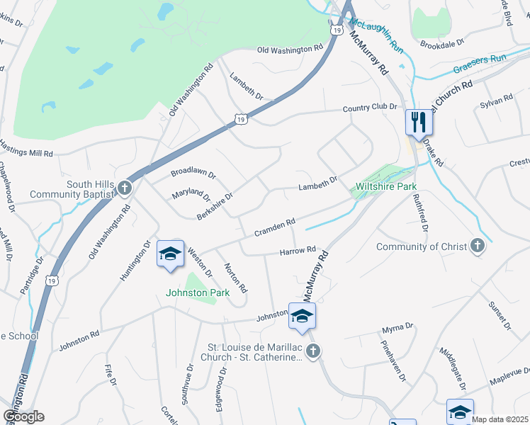 map of restaurants, bars, coffee shops, grocery stores, and more near 2343 Lambeth Drive in Pittsburgh