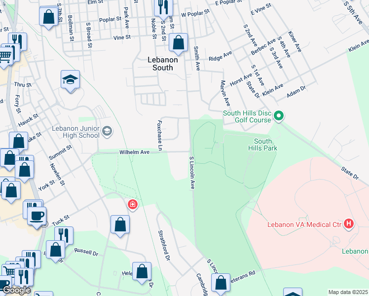 map of restaurants, bars, coffee shops, grocery stores, and more near 3 Wilhelm Avenue in Lebanon