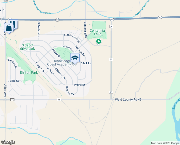 map of restaurants, bars, coffee shops, grocery stores, and more near 781 Stage Coach Drive in Milliken
