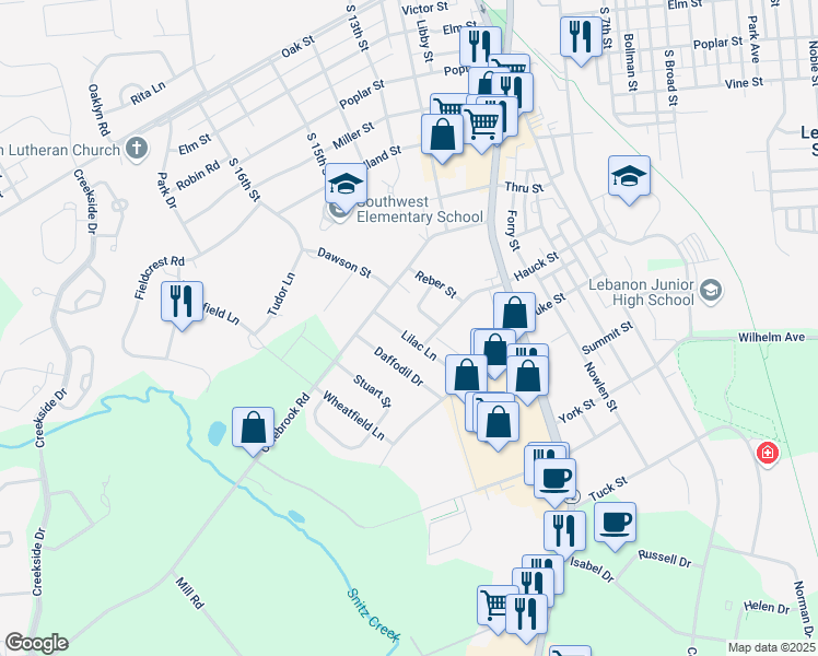 map of restaurants, bars, coffee shops, grocery stores, and more near 986 Lilac Ln in Lebanon