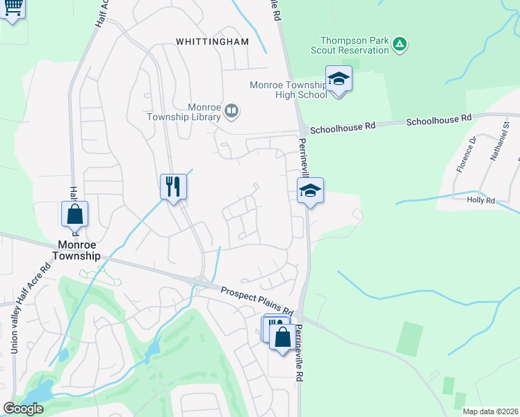 map of restaurants, bars, coffee shops, grocery stores, and more near 44 Rutland Lane in Monroe Township