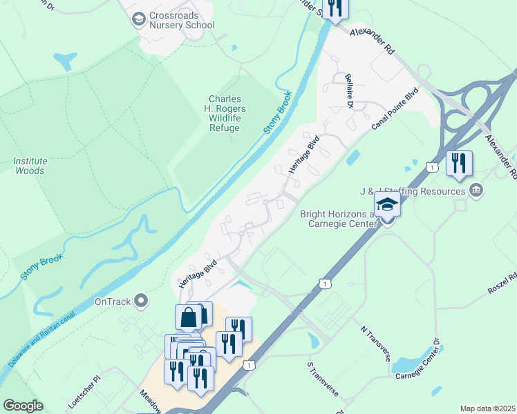 map of restaurants, bars, coffee shops, grocery stores, and more near 104 Heritage Boulevard in Princeton