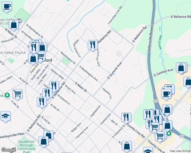 map of restaurants, bars, coffee shops, grocery stores, and more near 383 South Washington Avenue in Telford