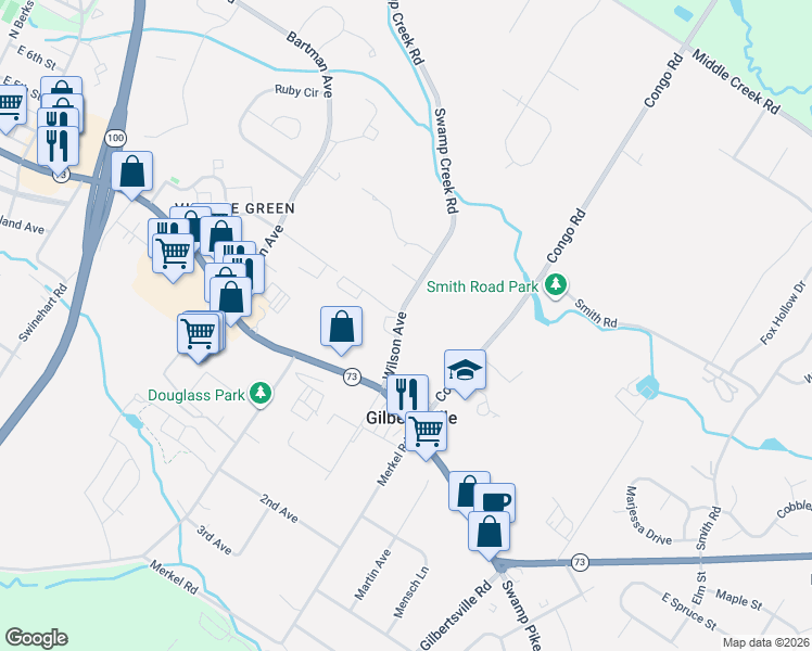 map of restaurants, bars, coffee shops, grocery stores, and more near 52 Wilson Avenue in Gilbertsville