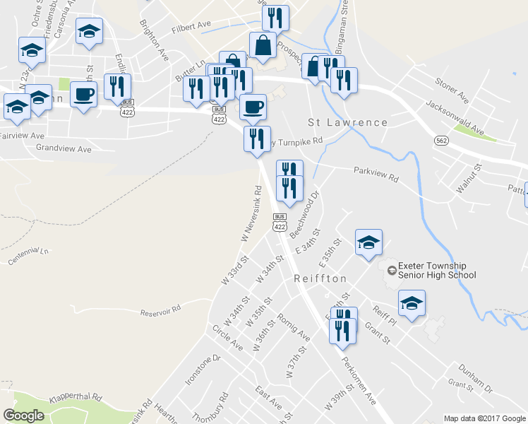 map of restaurants, bars, coffee shops, grocery stores, and more near 3230 Perkiomen Avenue in Reading