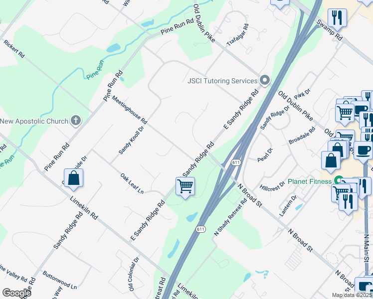 map of restaurants, bars, coffee shops, grocery stores, and more near 61 Meetinghouse Road in Doylestown