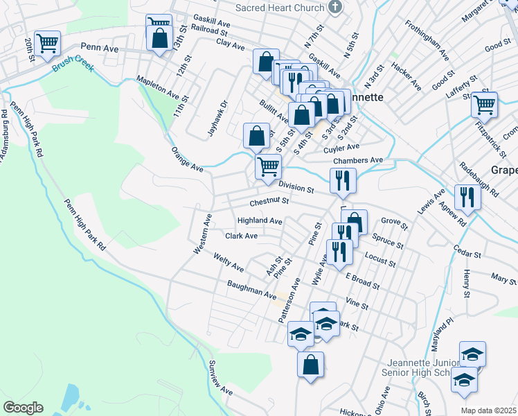 map of restaurants, bars, coffee shops, grocery stores, and more near 410 Chestnut Street in Jeannette