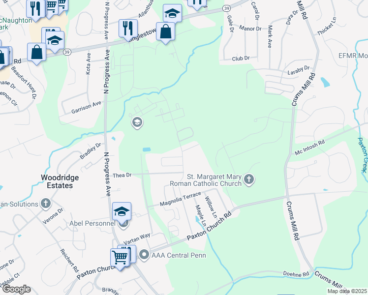 map of restaurants, bars, coffee shops, grocery stores, and more near 2500 Oakwood Lane in Harrisburg