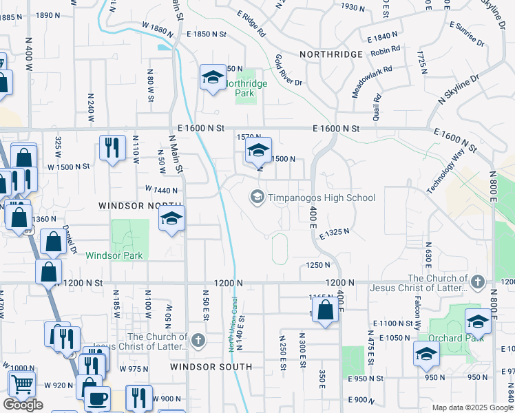 map of restaurants, bars, coffee shops, grocery stores, and more near 1450 200 East in Orem