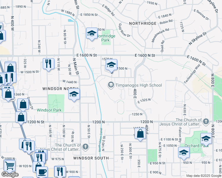 map of restaurants, bars, coffee shops, grocery stores, and more near 1450 200 East in Orem