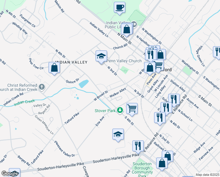 map of restaurants, bars, coffee shops, grocery stores, and more near 381 West Broad Street in Telford