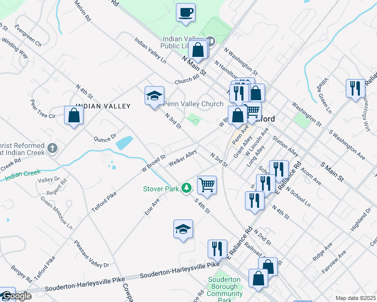 map of restaurants, bars, coffee shops, grocery stores, and more near 330 W Broad St in Telford
