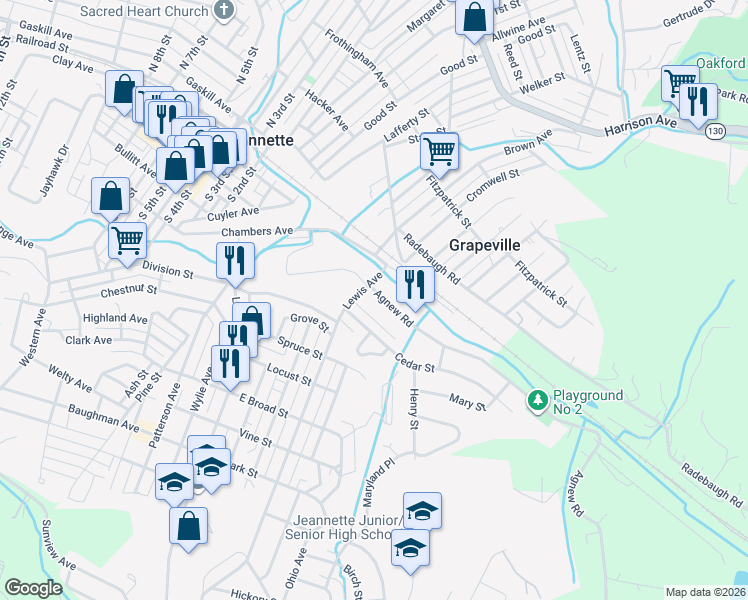 map of restaurants, bars, coffee shops, grocery stores, and more near 6 Lewis Avenue in Jeannette