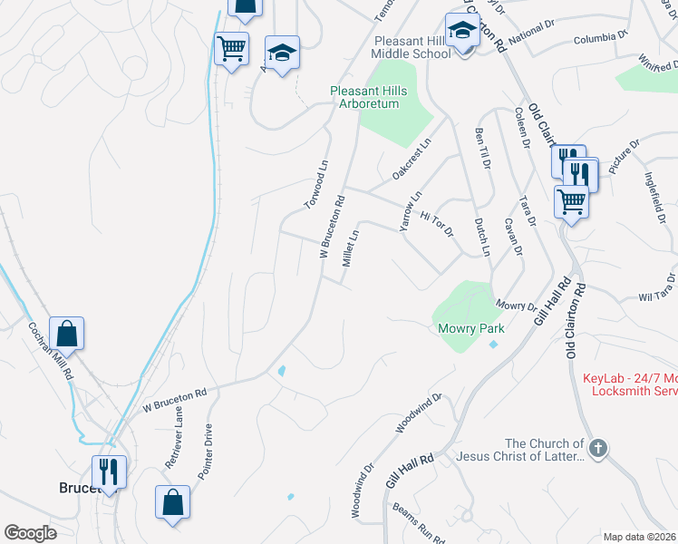 map of restaurants, bars, coffee shops, grocery stores, and more near 382 Millet Ln in Pittsburgh