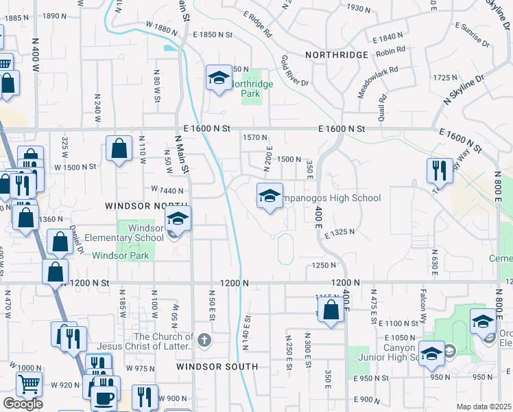 map of restaurants, bars, coffee shops, grocery stores, and more near 1450 North 200 East in Orem