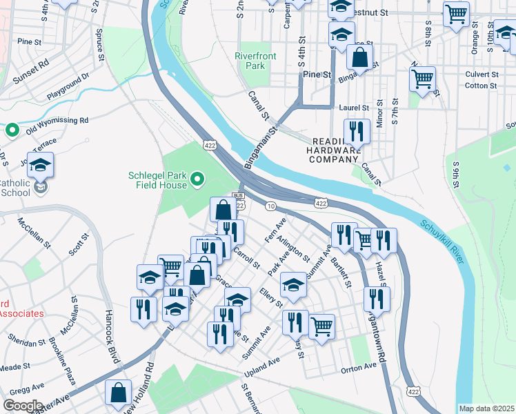 map of restaurants, bars, coffee shops, grocery stores, and more near 32 Morgantown Road in Reading