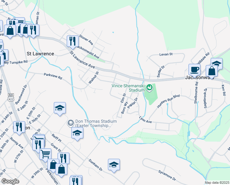 map of restaurants, bars, coffee shops, grocery stores, and more near 200 Elm Street in Reading