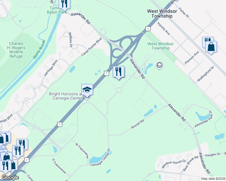 map of restaurants, bars, coffee shops, grocery stores, and more near 101 Carnegie Center Drive in Princeton