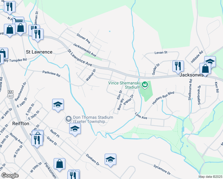 map of restaurants, bars, coffee shops, grocery stores, and more near 200 Elm Street in Reading