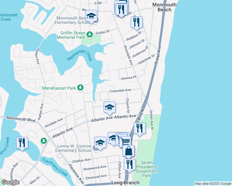 map of restaurants, bars, coffee shops, grocery stores, and more near 80 Columbia Avenue in Long Branch