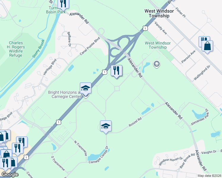 map of restaurants, bars, coffee shops, grocery stores, and more near 101 Carnegie Center Drive in Princeton