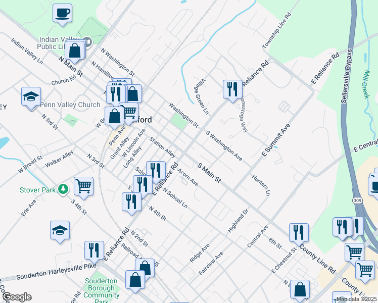 map of restaurants, bars, coffee shops, grocery stores, and more near 301 South Main Street in Telford