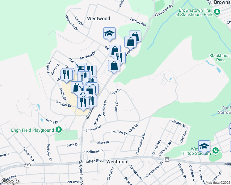 map of restaurants, bars, coffee shops, grocery stores, and more near 998 Julia Dr in Johnstown