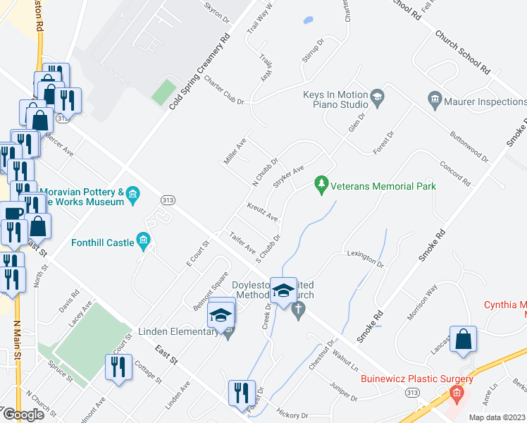 map of restaurants, bars, coffee shops, grocery stores, and more near 122 Kreutz Avenue in Doylestown