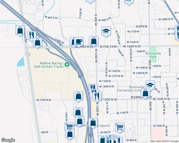 map of restaurants, bars, coffee shops, grocery stores, and more near 77 West 1420 North in Orem