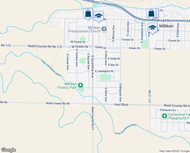 map of restaurants, bars, coffee shops, grocery stores, and more near 870 South Rachel Avenue in Milliken