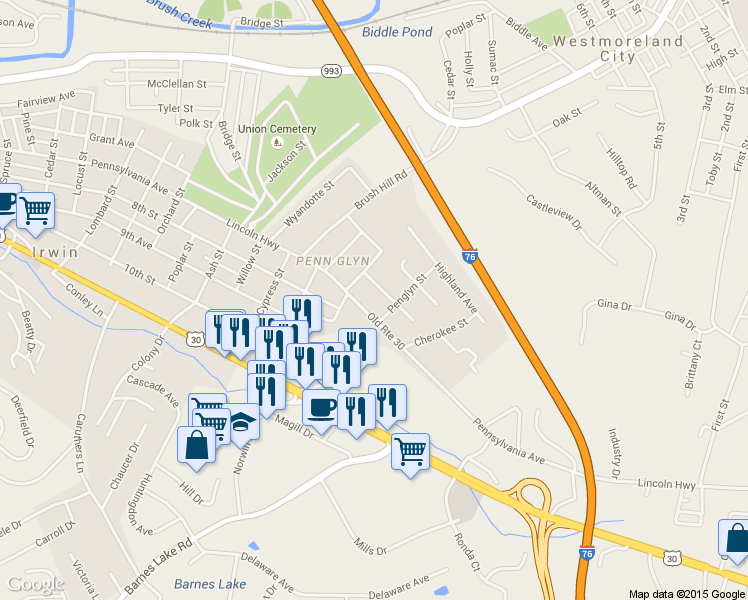 map of restaurants, bars, coffee shops, grocery stores, and more near 1825 Pennsylvania Ave in Irwin