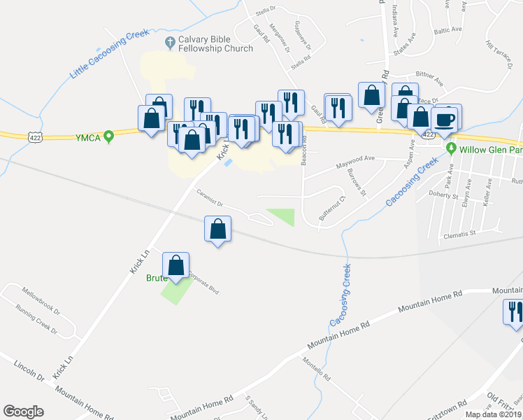 map of restaurants, bars, coffee shops, grocery stores, and more near 711 Caramist Drive in Sinking Spring