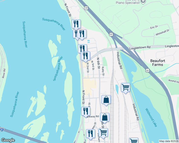 map of restaurants, bars, coffee shops, grocery stores, and more near 4321 N 2nd St in Harrisburg