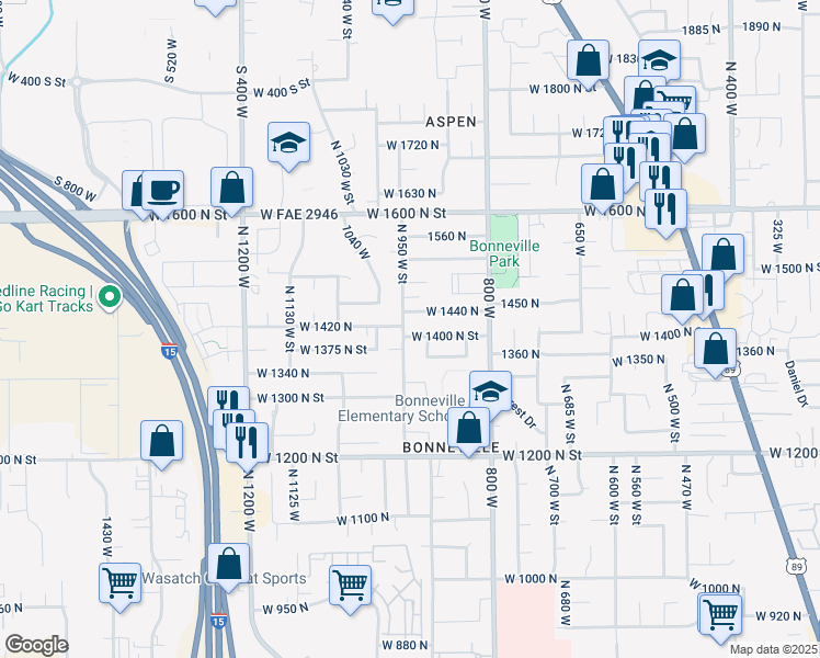 map of restaurants, bars, coffee shops, grocery stores, and more near 1412 North 950 West Street in Orem