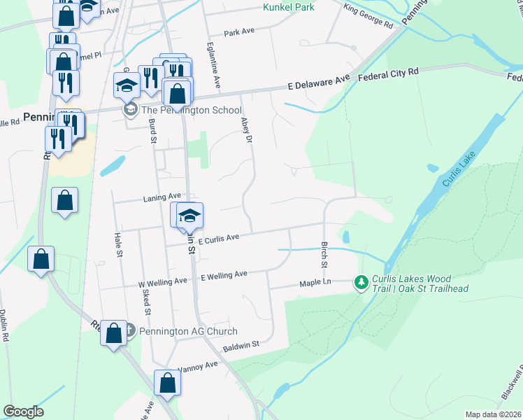 map of restaurants, bars, coffee shops, grocery stores, and more near 7 Linden Lane in Pennington