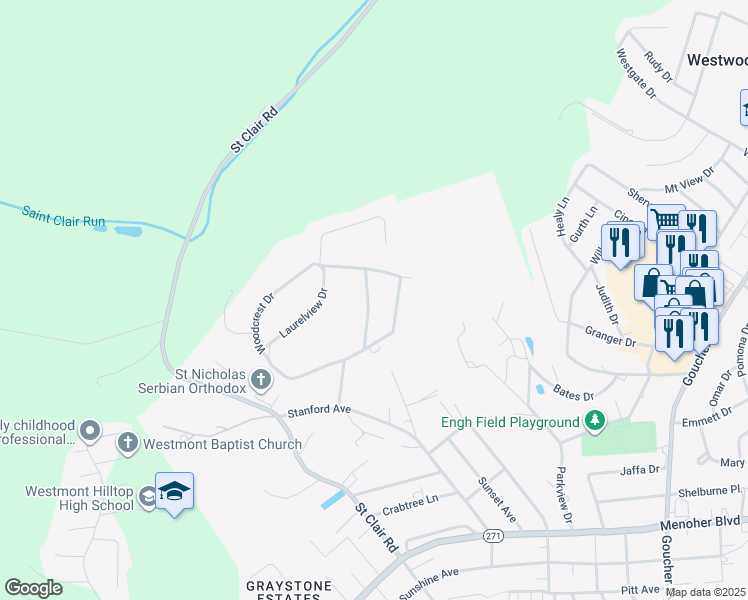 map of restaurants, bars, coffee shops, grocery stores, and more near 1010 Woodcrest Drive in Johnstown