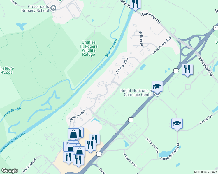 map of restaurants, bars, coffee shops, grocery stores, and more near 104 Heritage Boulevard in Princeton