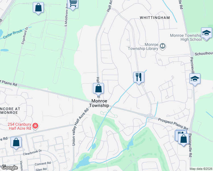map of restaurants, bars, coffee shops, grocery stores, and more near 19 Waverly Place in Monroe Township