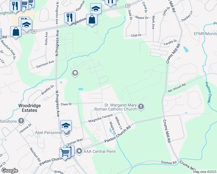 map of restaurants, bars, coffee shops, grocery stores, and more near 2520 Oakwood Lane in Harrisburg